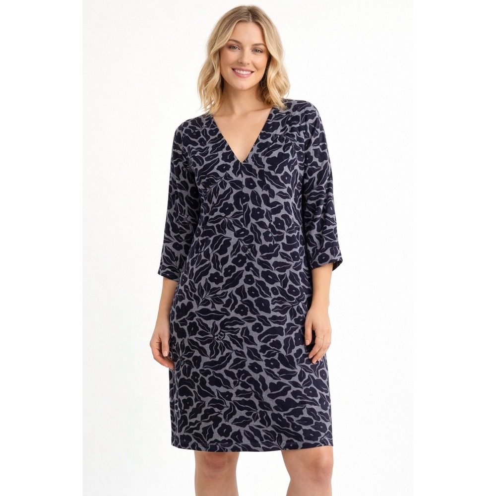 Garnet Hill Navy Blue‎ Floral V-Neck Shift Dress 3/4 Sleeve EcoVero Viscose L